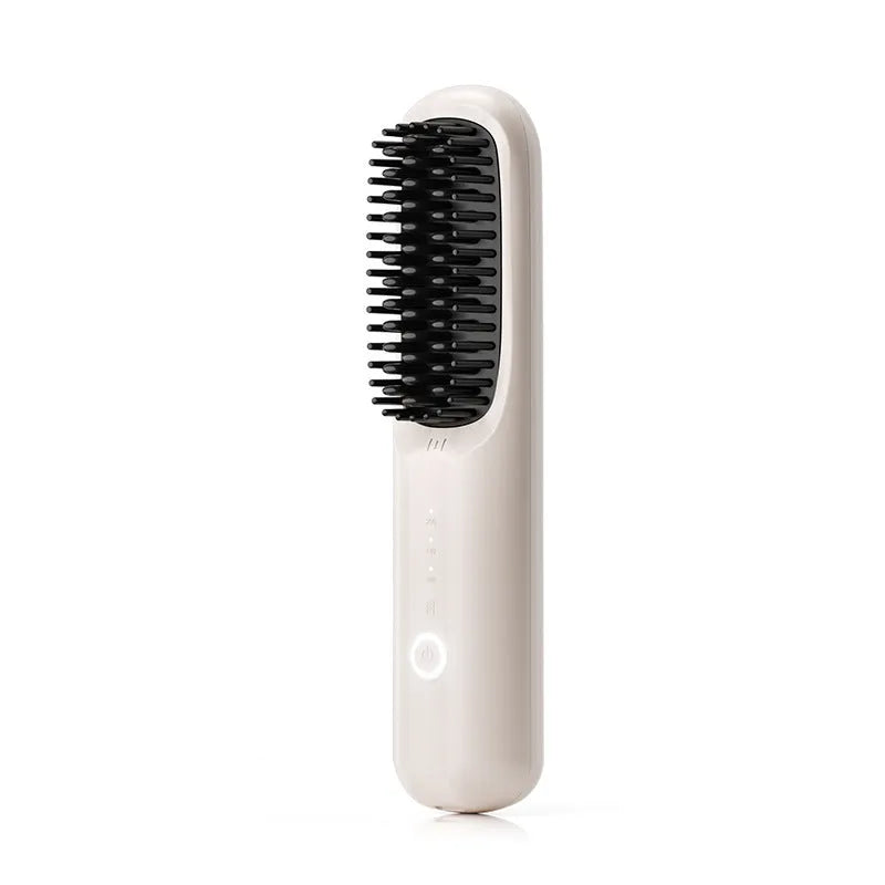 Wireless hair straightening comb in beige white colour with negative ion technology and USB-C charging port
