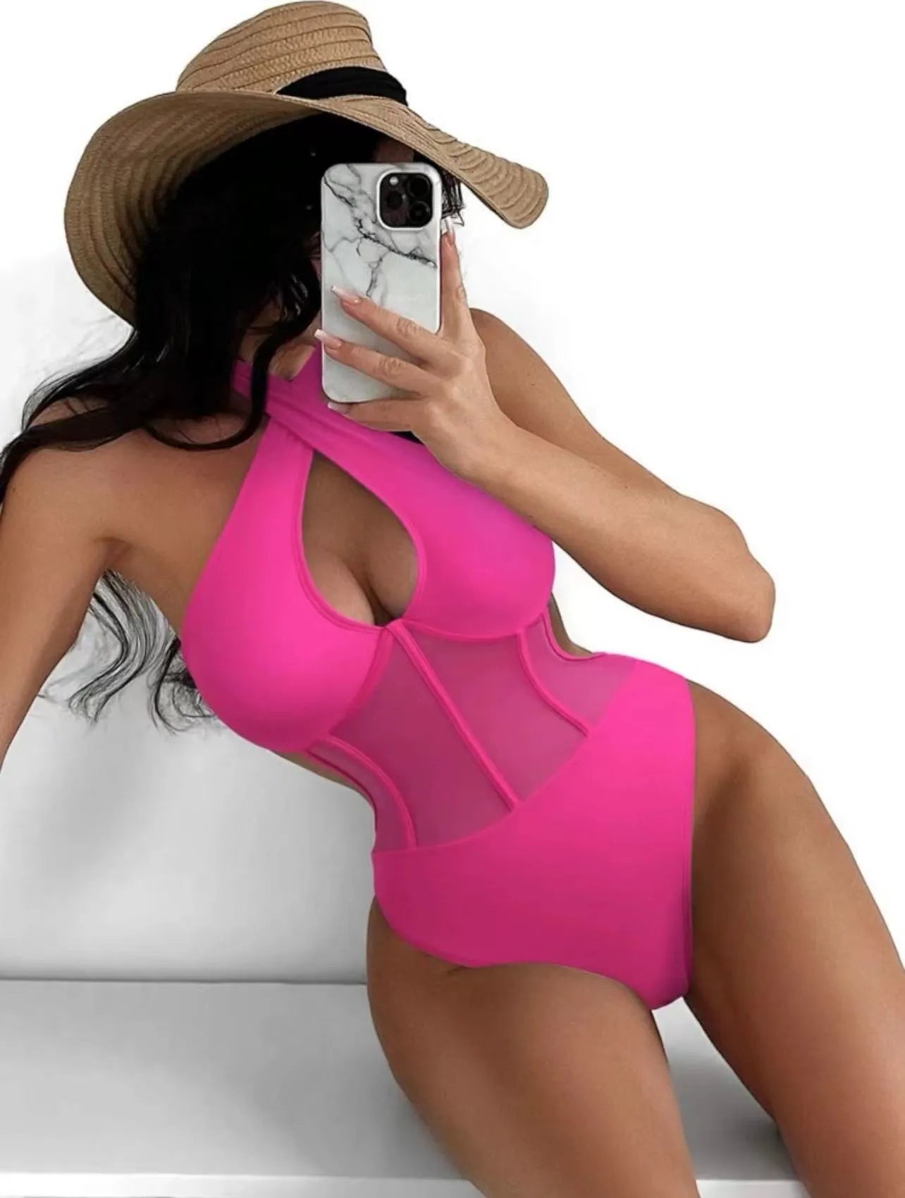 Ladies black one-piece spun yarn swimsuit bikini on a hanger.