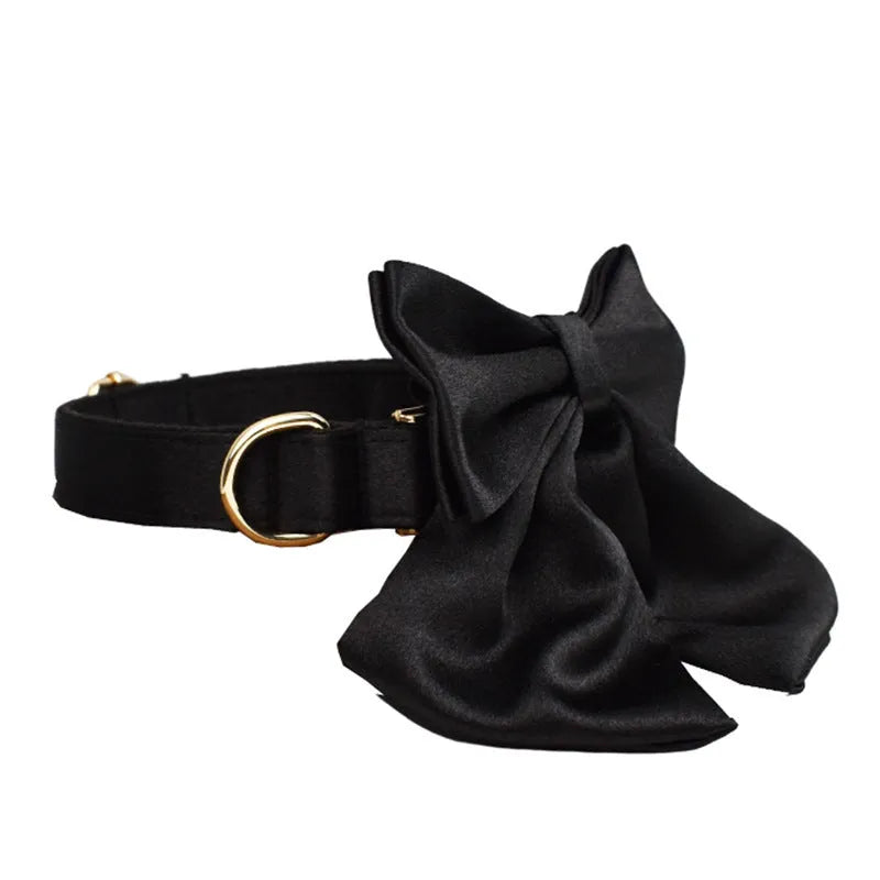 Dog collar and leash set with chest harness, coordinating vest and bow accessory in cloth material