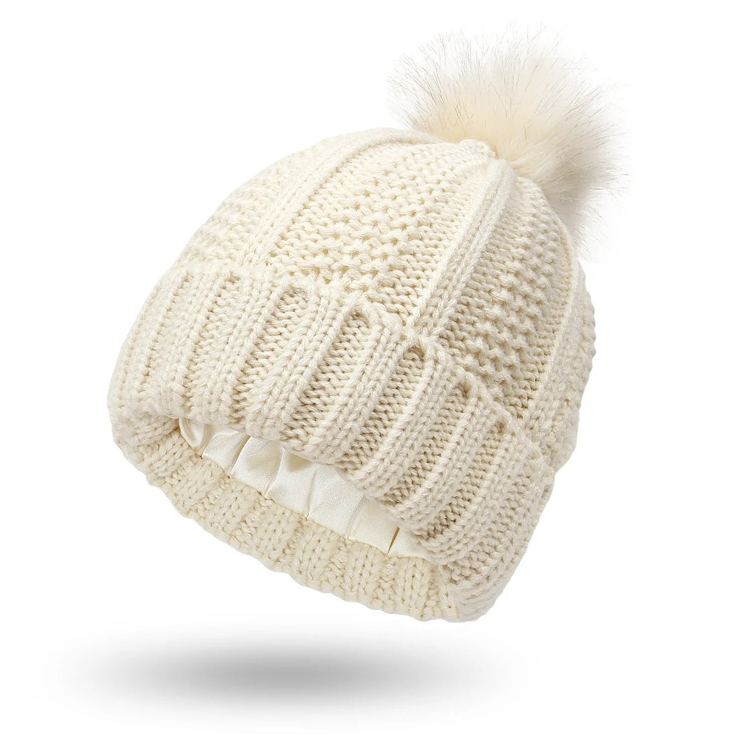 Women's wool beanie hat with satin lining and a faux fur pom pom in a choice of eight colours.