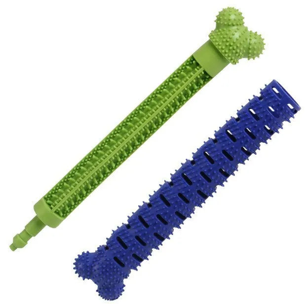 Blue and green dog dental cleaning stick with silicone nodules and serrated brush head design