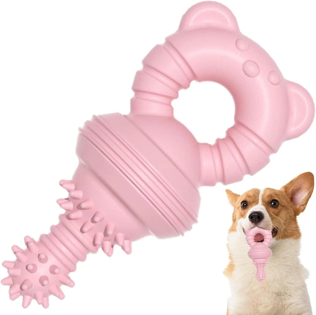 Blue rubber dog chew toy with textured surface for teeth cleaning, shown next to a tape measure.