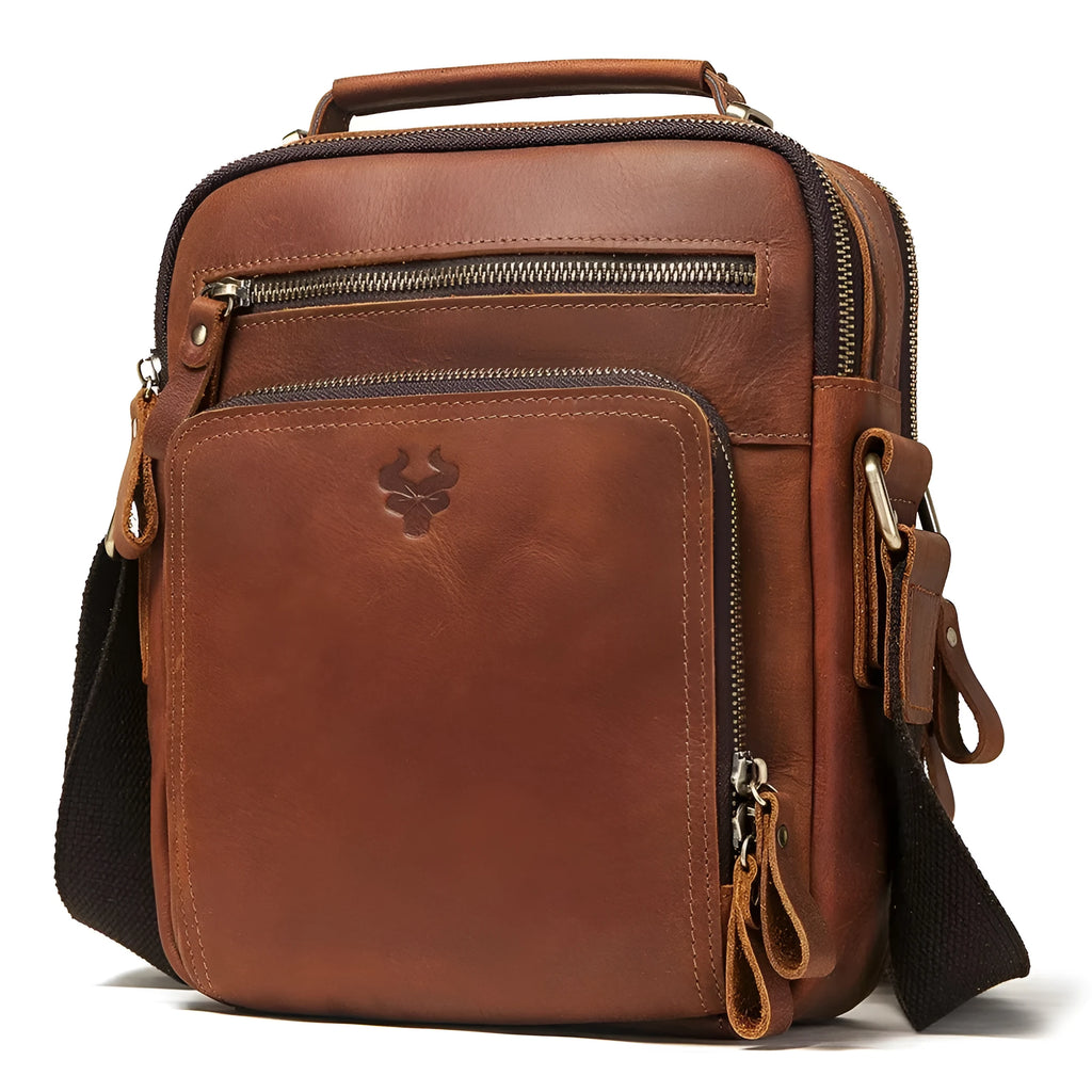 Men's brown Crazy Horse leather crossbody bag with single shoulder strap and sewing line detailing