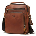 Men's brown Crazy Horse leather crossbody bag with single shoulder strap and sewing line detailing