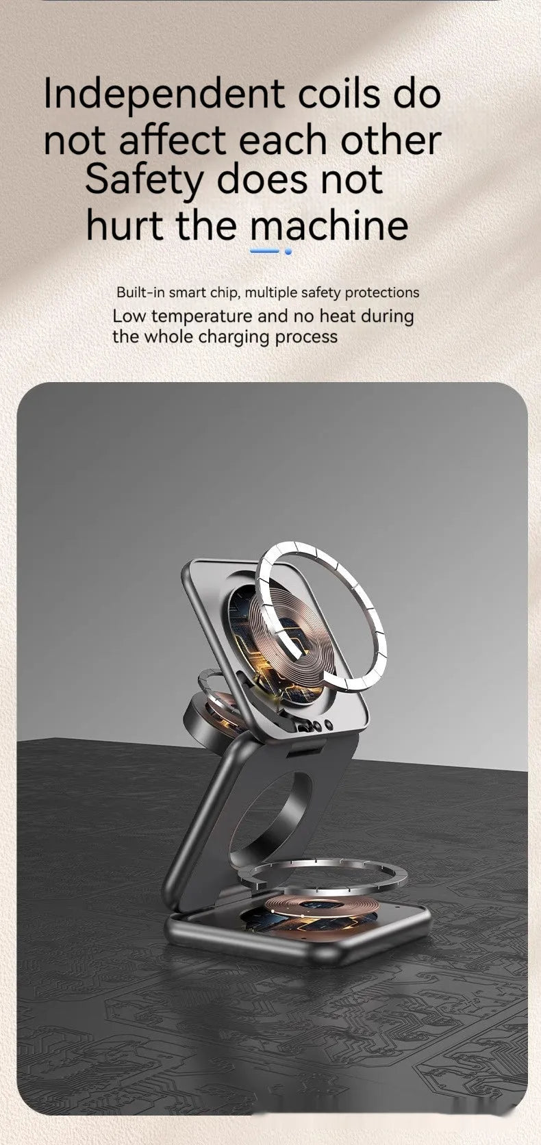Foldable magnetic wireless charger mobile phone holder in black showing phone charging at viewing angle
