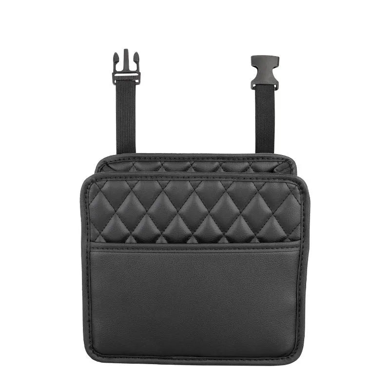 Leather car hanging storage bag organiser measuring 25x25x8cm in black, pink, green, or white