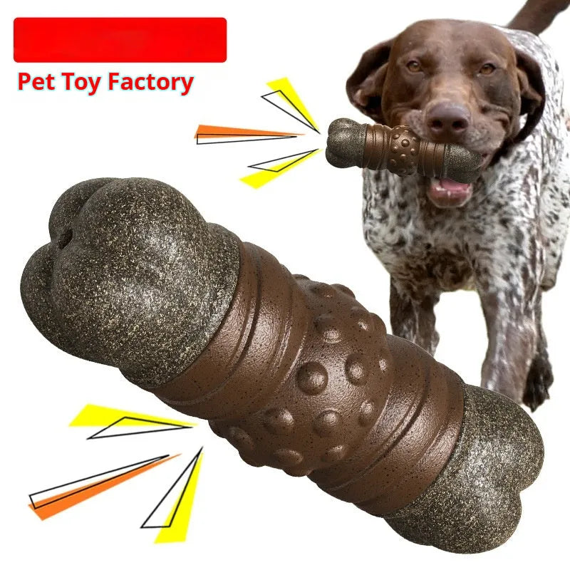 Wood colour plastic dog dental toy shaped like a bone with textured cleaning surfaces