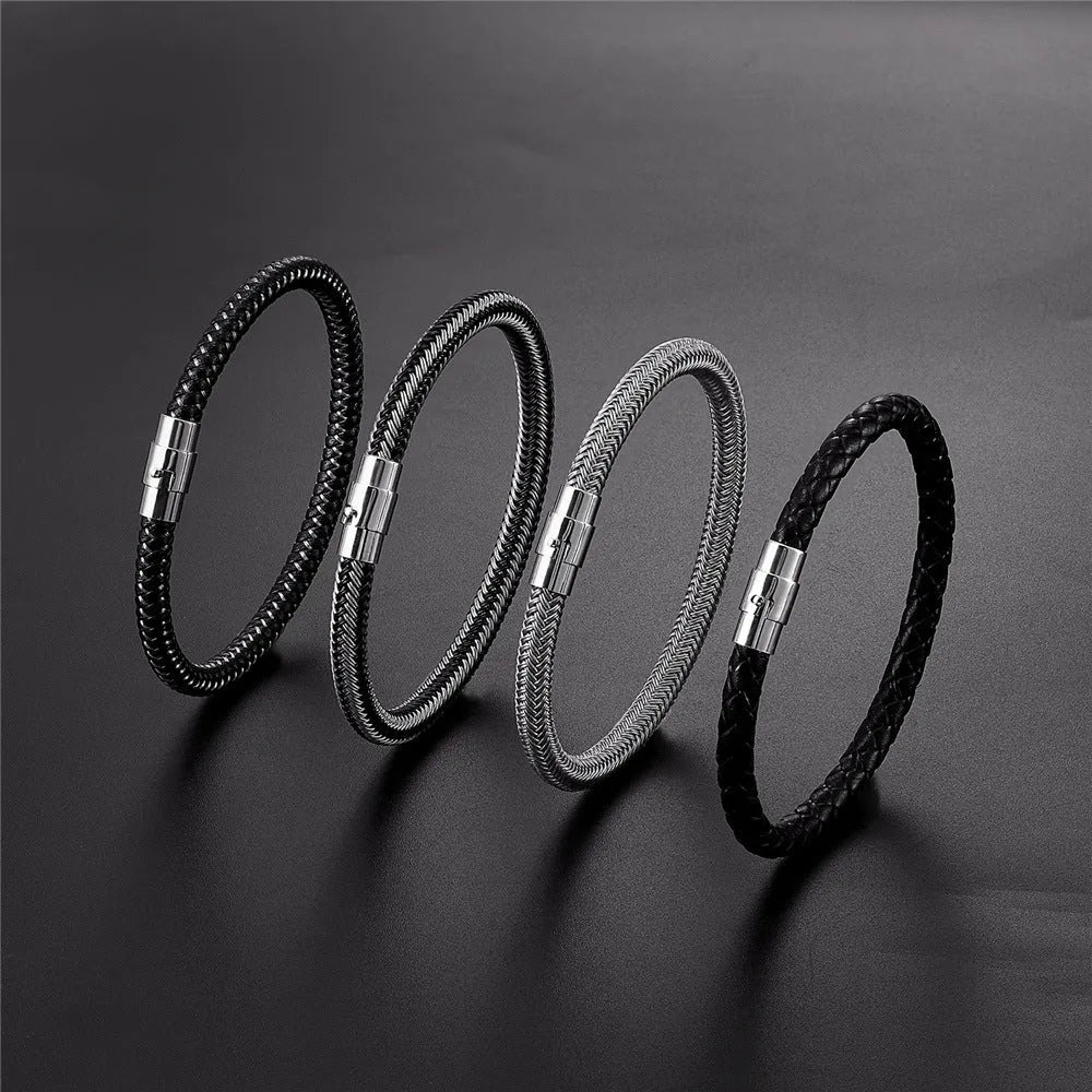 Titanium steel geometric wire bracelet with magnet clasp shown in unisex boyfriend style