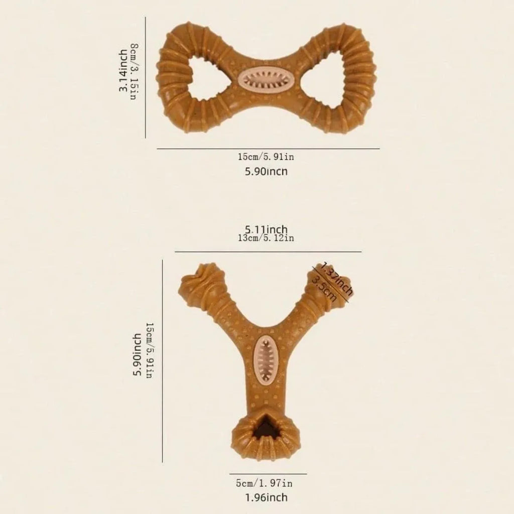 Durable nylon dog chew bone for teeth cleaning, shown in 8-shape and Y-shape options.