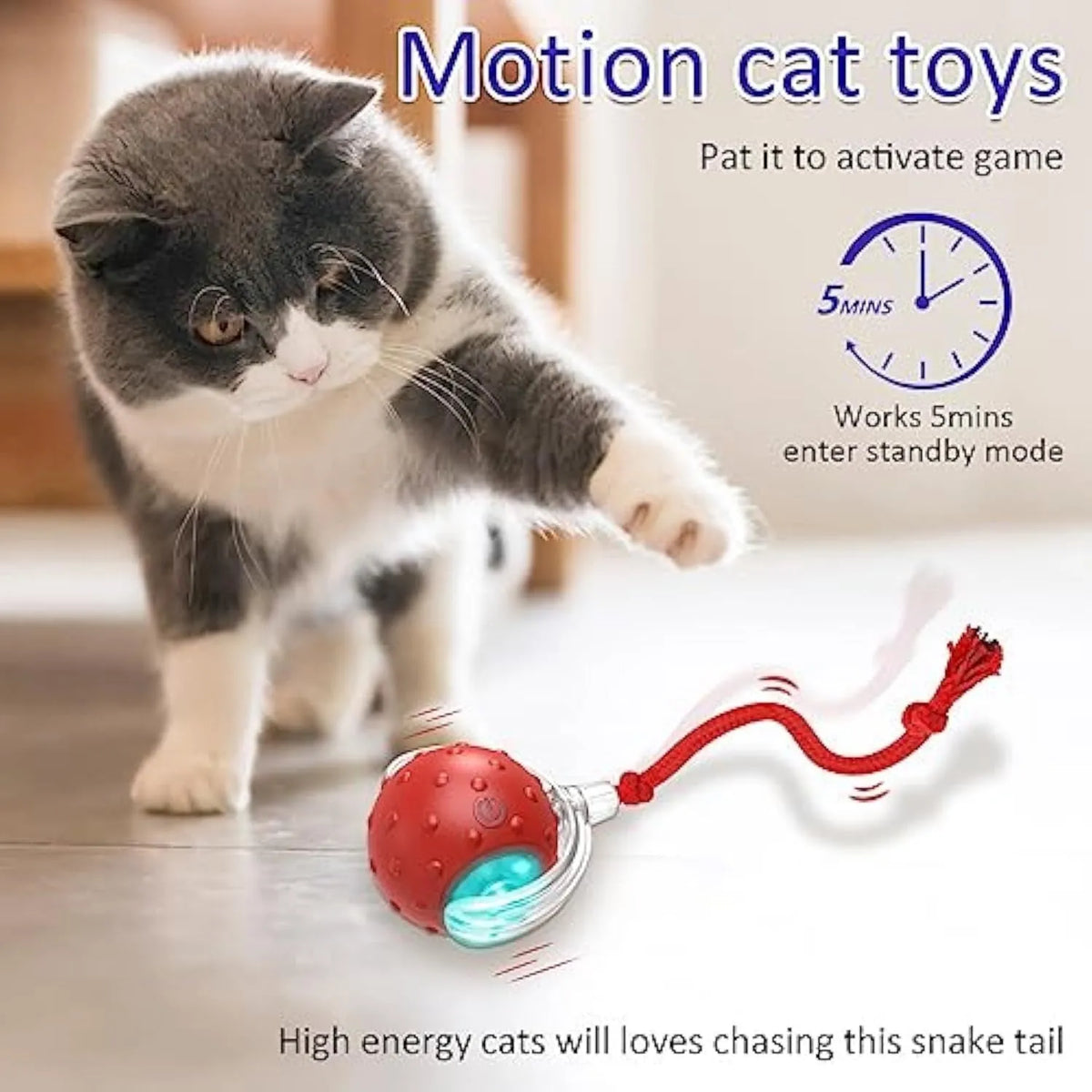 Red interactive cat toy with motion activated chirping and rolling action on carpet for kittens and cats