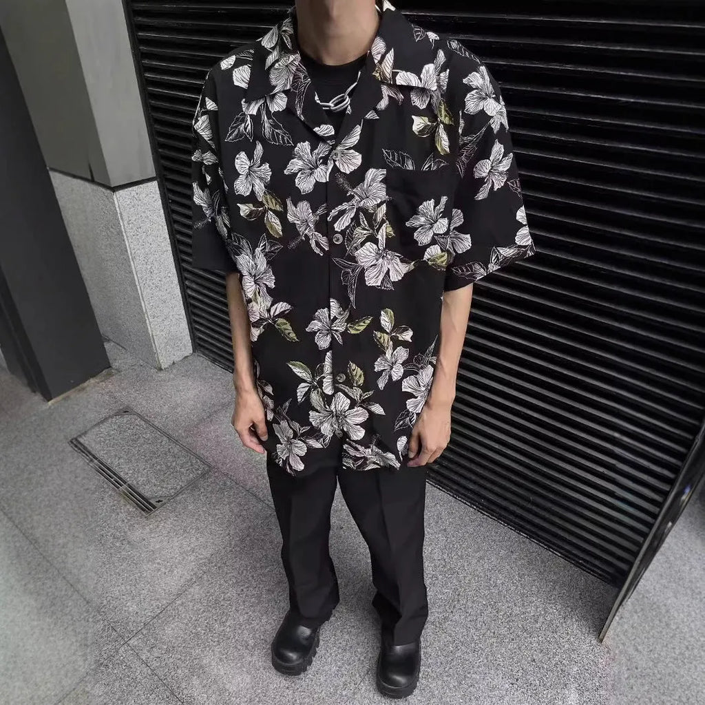 Black men's vintage Cuban collar short sleeve shirt with floral print and loose fit