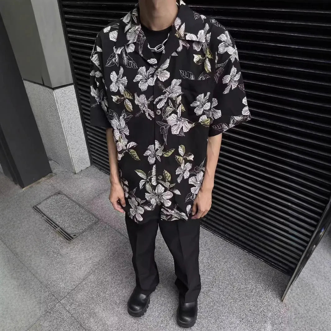 Black men's vintage Cuban collar short sleeve shirt with floral print and loose fit