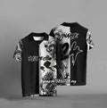 Black loose fit T-shirt with 3D digital print graphics, short sleeves.
