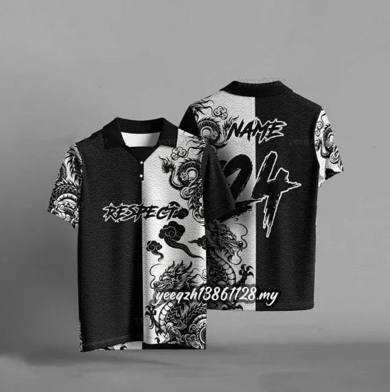 Black loose fit T-shirt with 3D digital print graphics, short sleeves.