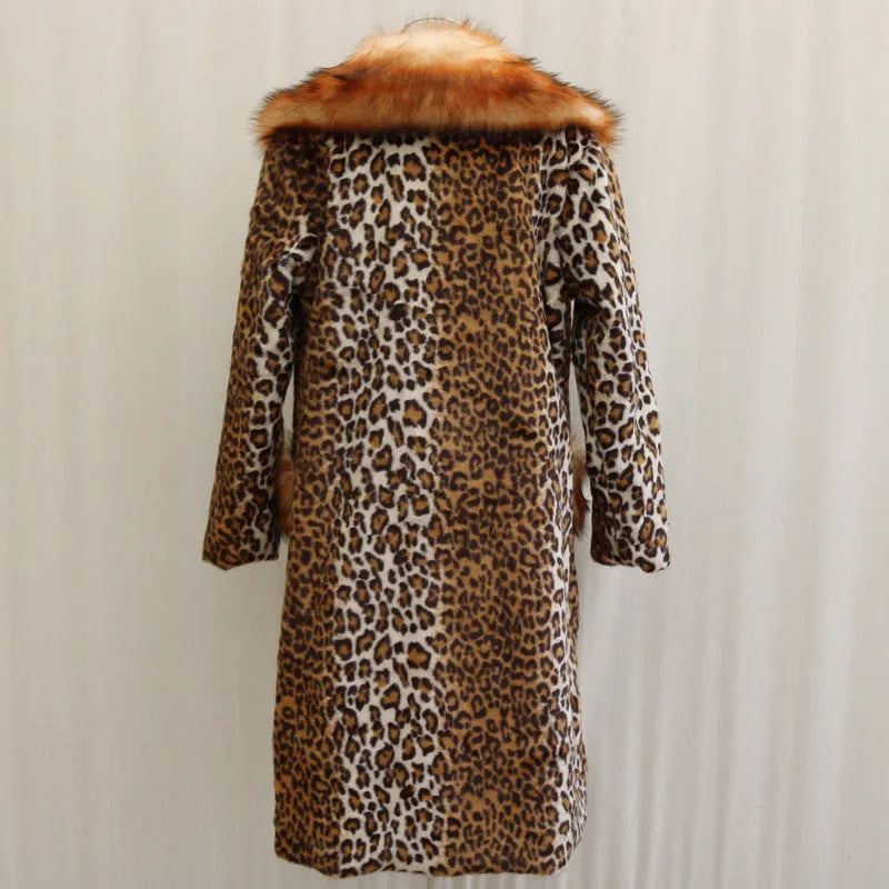 Women's long leopard print artificial fur jacket with regular sleeves on a model.