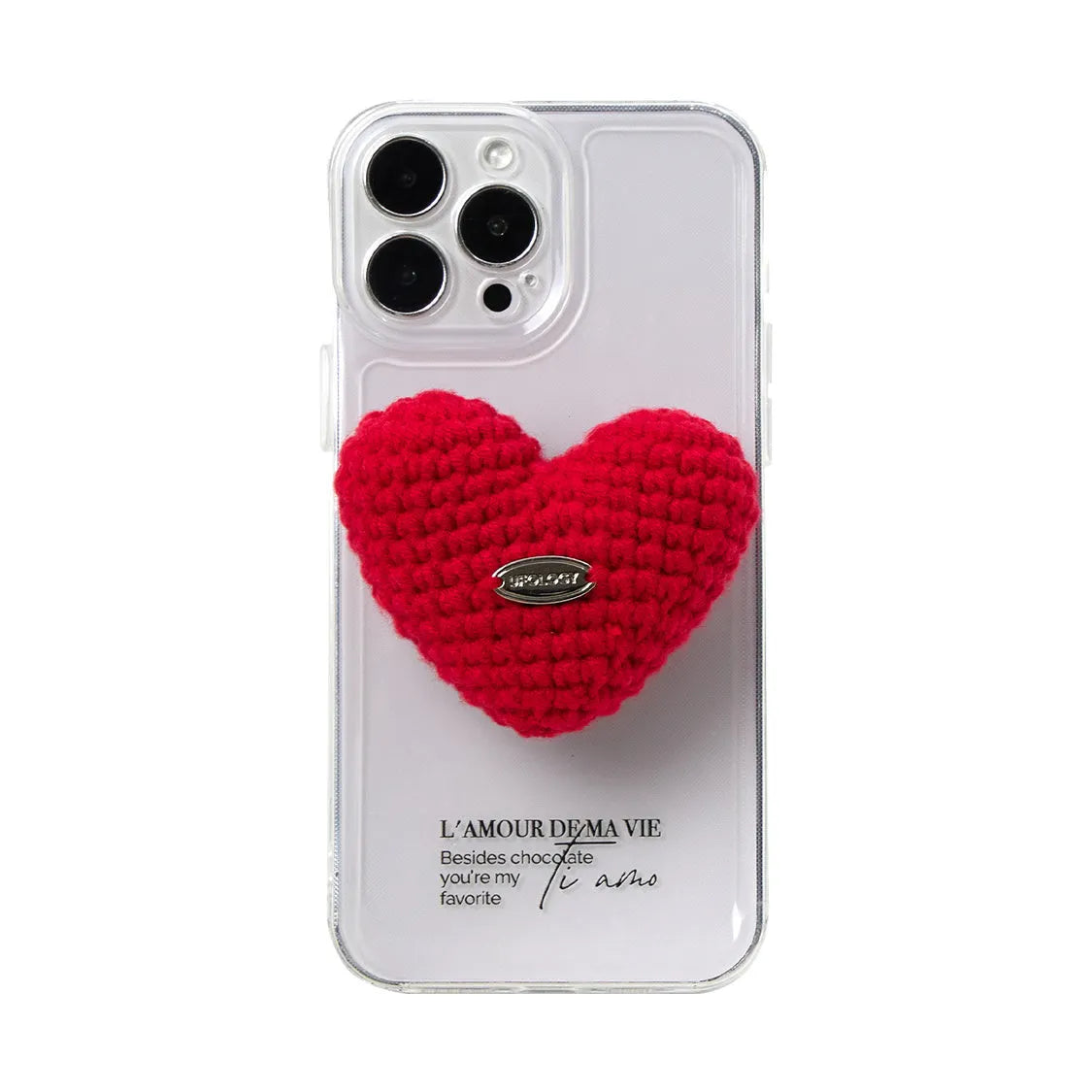 Original Knitted Love Stand phone case for iPhone, TPU glass back, retro Japanese Korean style, black or white, heart bracket option.