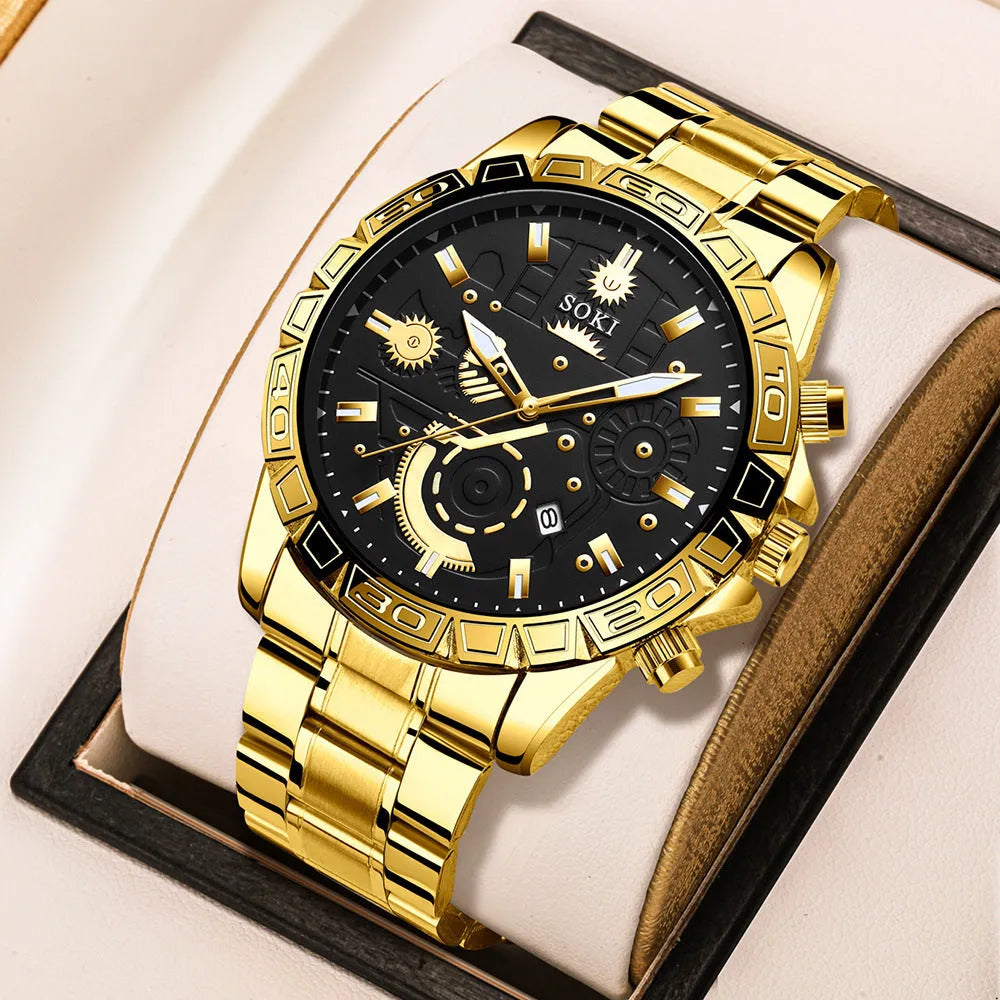 Men's gold-coloured business quartz watch with stainless steel strap on wrist