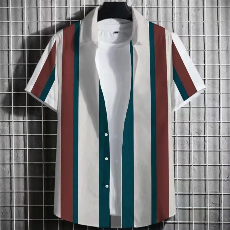 Men's striped short sleeve linen T-shirt with 3D printed texture, shown in multiple colour options.