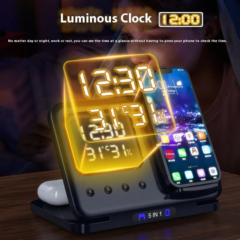 Black foldable wireless charging station displaying time and temperature, charging a phone and smartwatch.