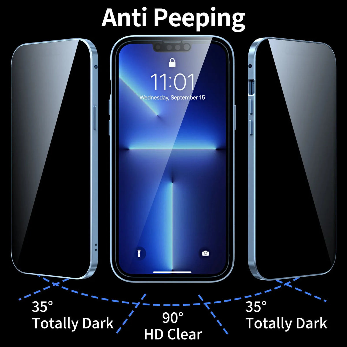Double-sided metal privacy-proof phone case for iPhone in black, red, gold, silver, pink, light purple, navy blue, and yuanfeng blue.