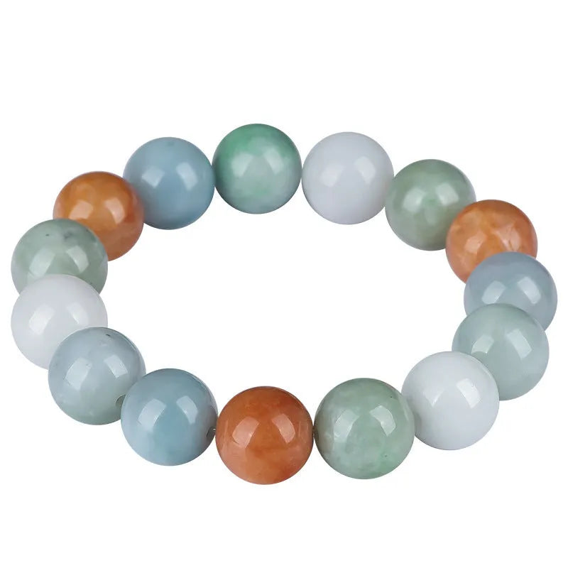 Women's Myanmar jade tricolor bracelet with 13mm round beads and national style design