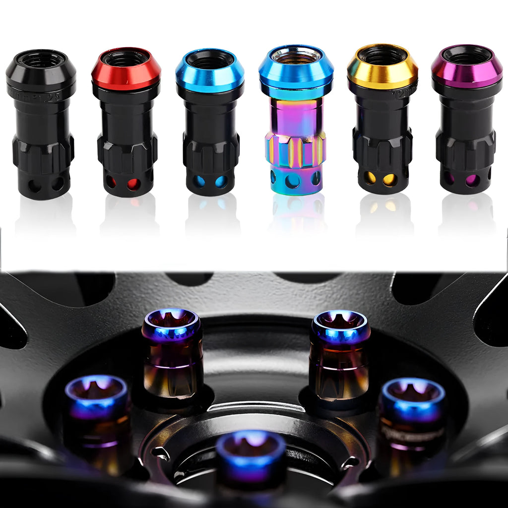 Set of aluminium alloy flat head wheel hub nuts in various colours including red, gold, blue, purple, and black.