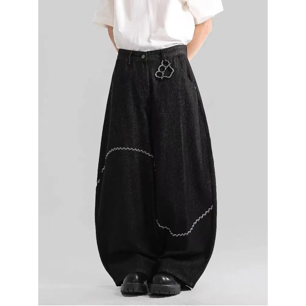 Black straight-leg denim trousers with mid waist design and zip placket closure for teenage daily wear