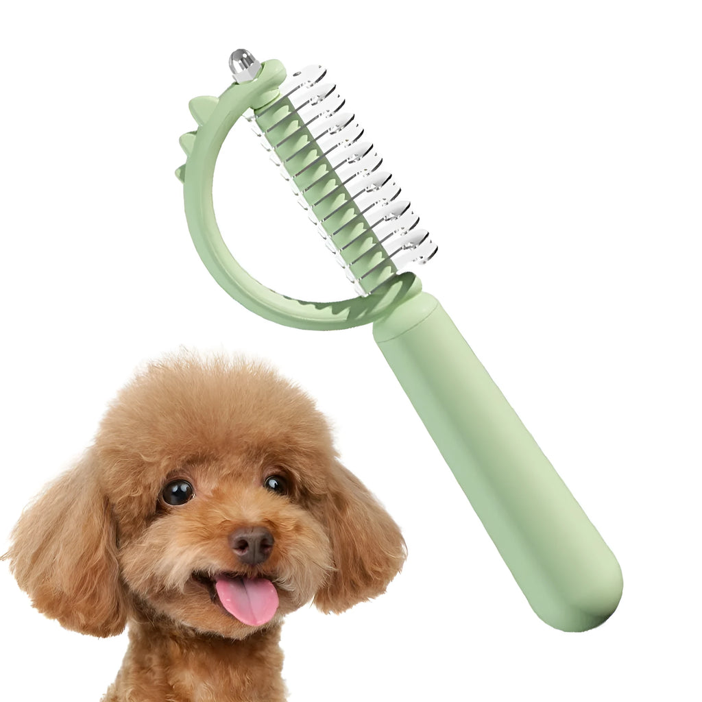 Blue dinosaur-shaped self-cleaning cat brush with stainless steel bristles on a white background.