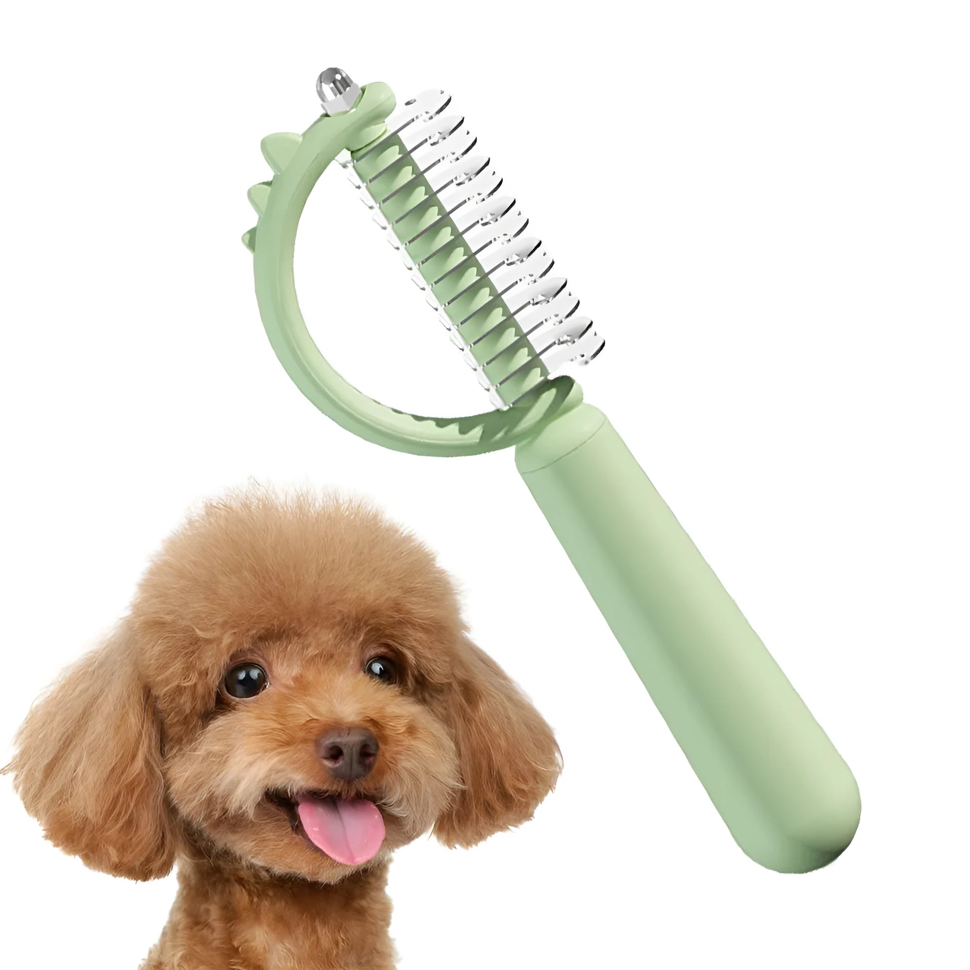Blue dinosaur-shaped self-cleaning cat brush with stainless steel bristles on a white background.