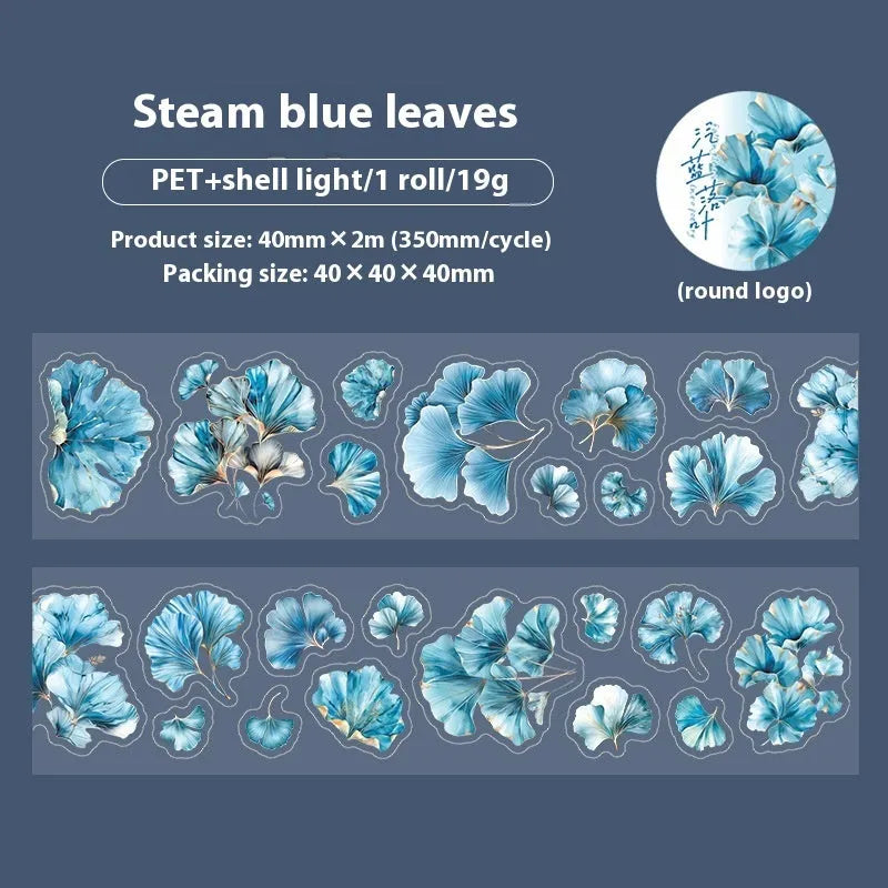 Six rolls of nature-themed decorative stickers showing gentle ginkgo, maple leaf, and blue fallen leaves colour variations