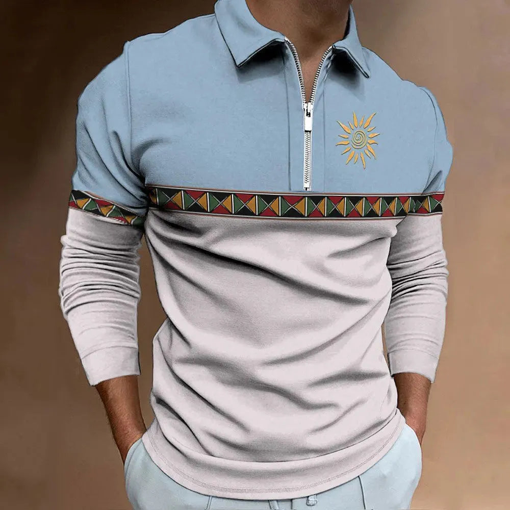 Men's retro colour print long sleeve t-shirt with zipper decorations in loose fit