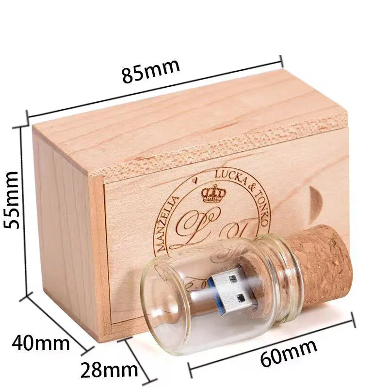 Transparent acrylic drift bottle USB flash drive with wooden cork stopper showing interior USB component