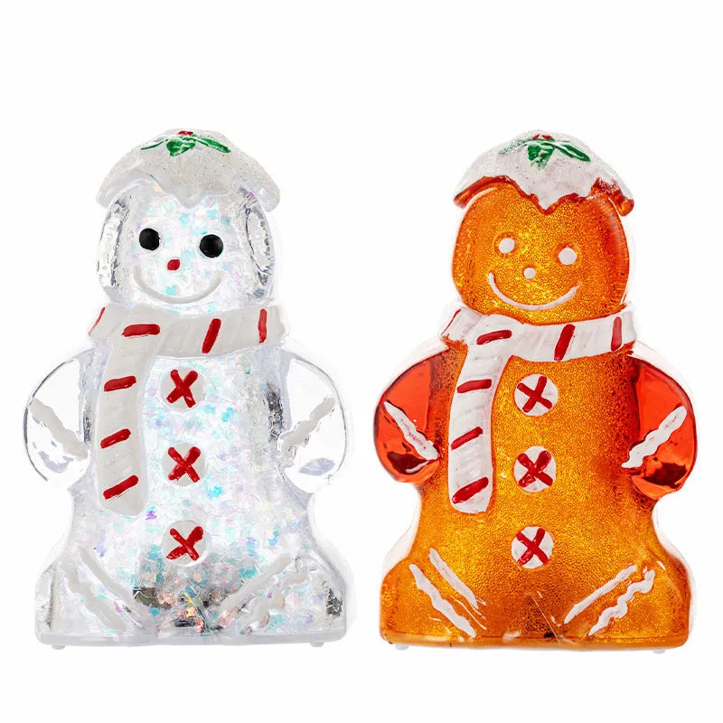 Glowing gingerbread man Christmas ornament with LED light and red scarf, measuring 6.5cm wide by 10.5cm tall
