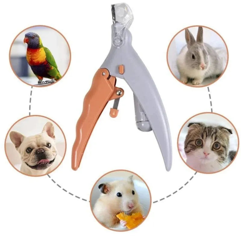 Yellow pet nail clipper with LED light and magnifying lens for dog and cat grooming