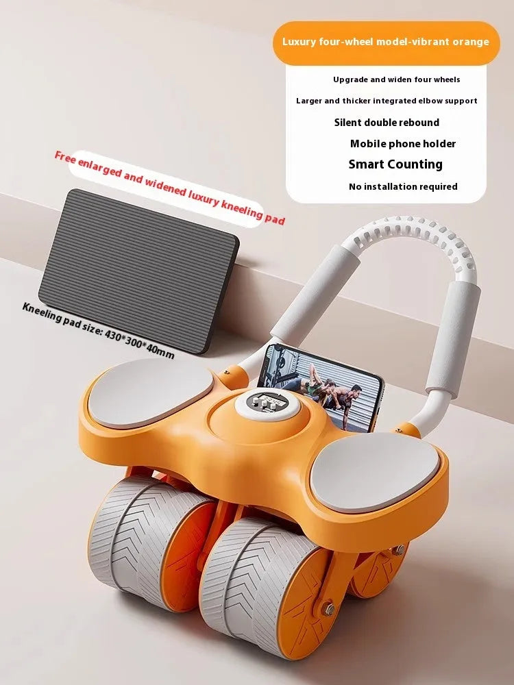 Abdominal wheel with elbow support and automatic rebound mechanism in blue, orange, and black colour options