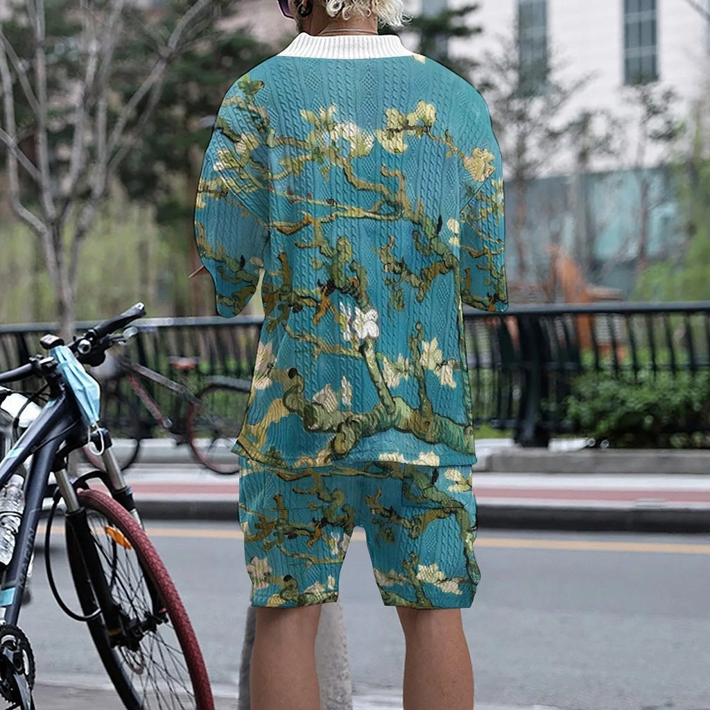 Men's peacock blue 3D printed knitted shorts suit with t-shirt top and fifth pants length shorts