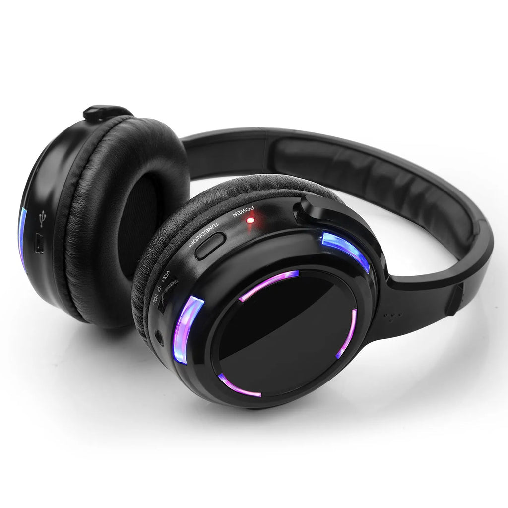 Black silent disco wireless headphones with over-ear design and 3.5mm cable.