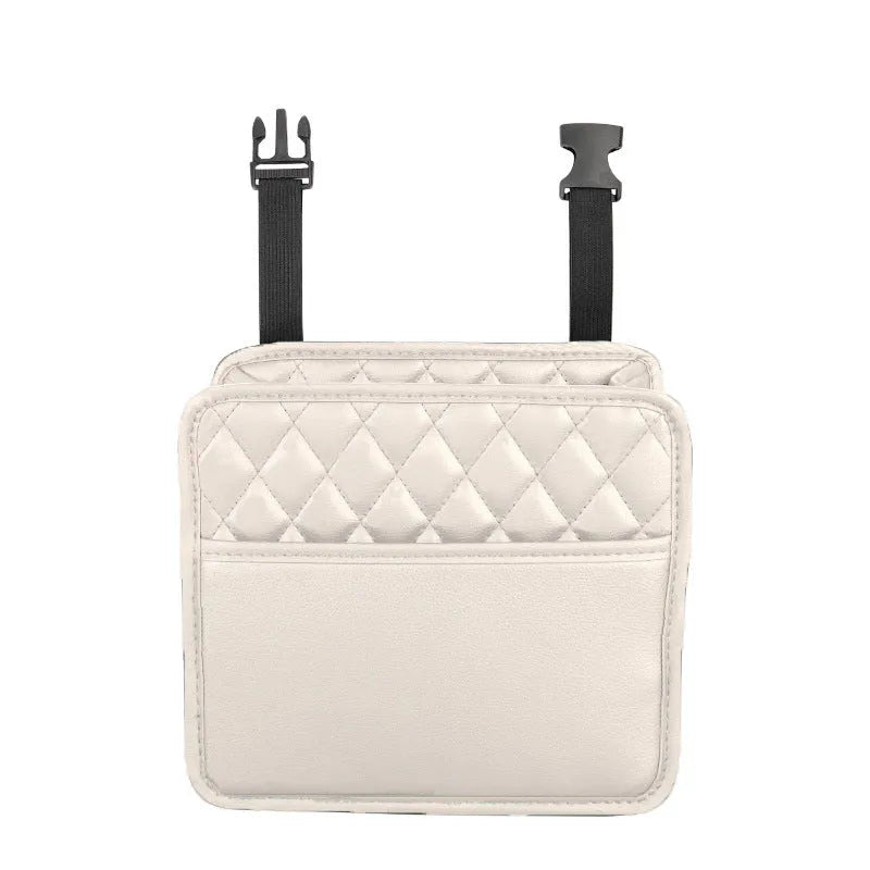 Leather car hanging storage bag organiser measuring 25x25x8cm in black, pink, green, or white