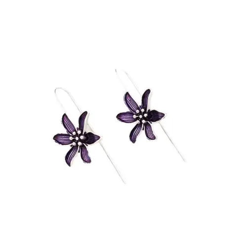 Purple flower-shaped alloy earrings with retro design and electroplated finish