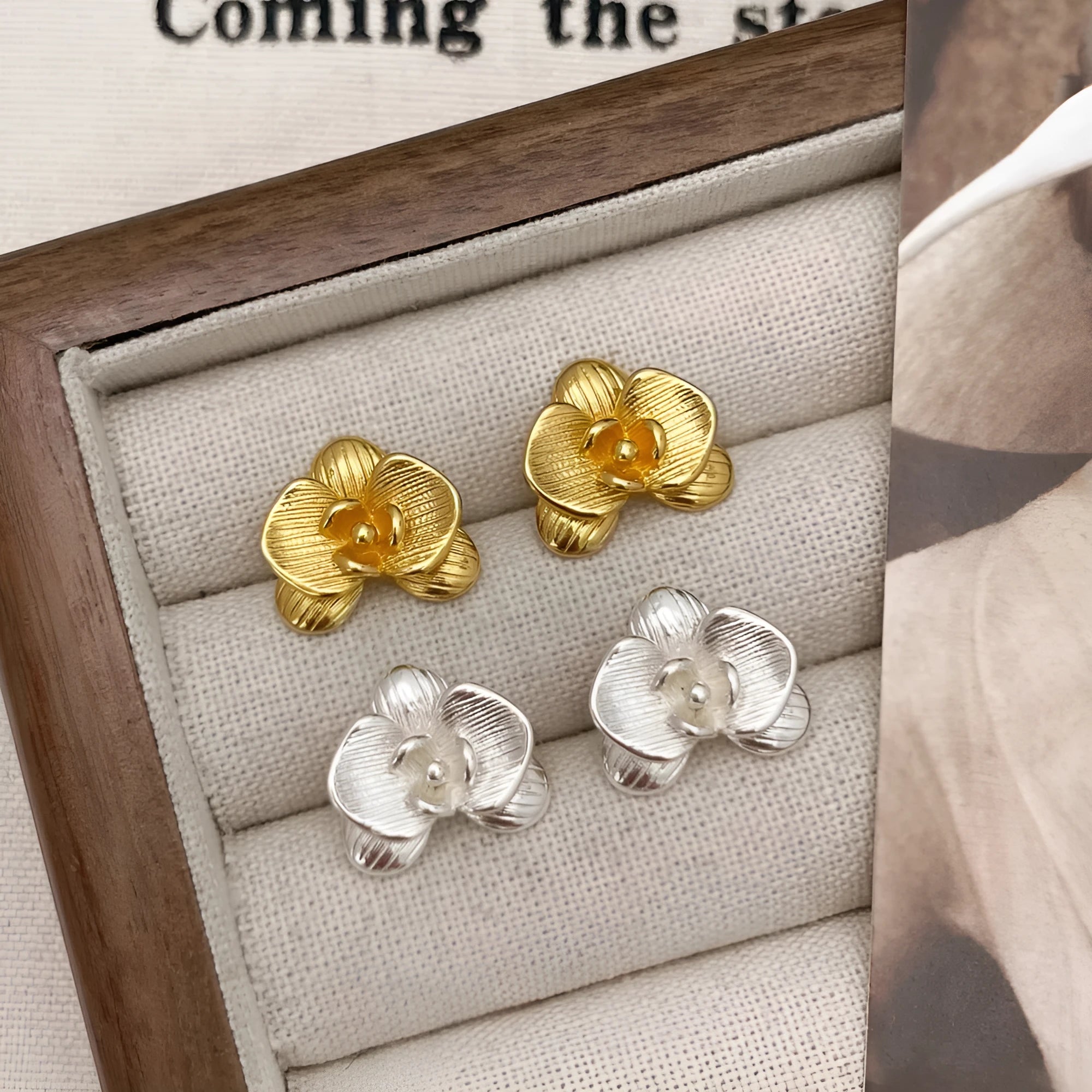 Copper flower earrings with electroplated gold or silver finish and retro petal design