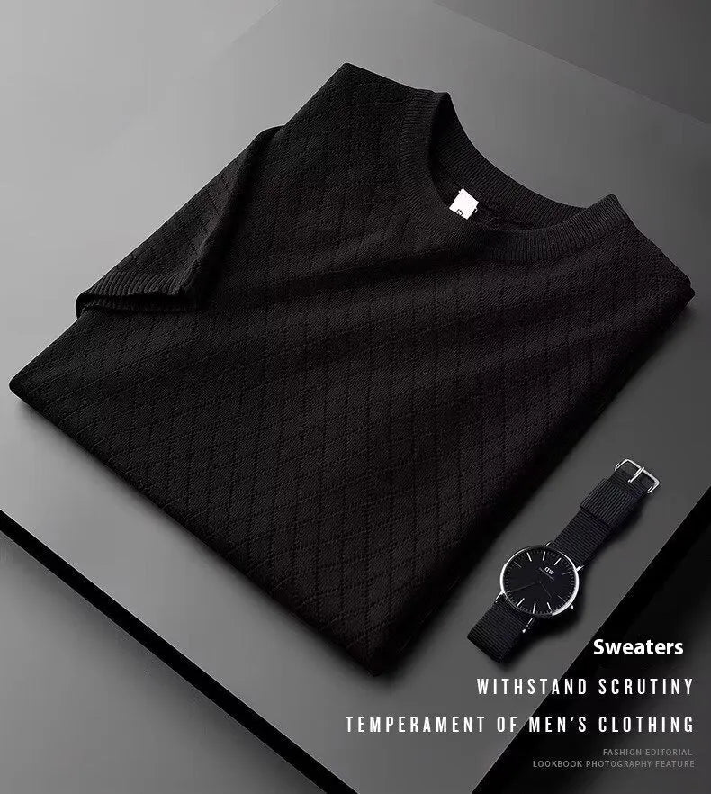 Men's Black and White Korean style ice silk t-shirt showing V-neck and round neck options.
