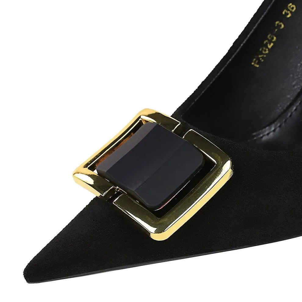 Black suede women's stiletto high heels with 9cm heel and pointed toe on a plain background.