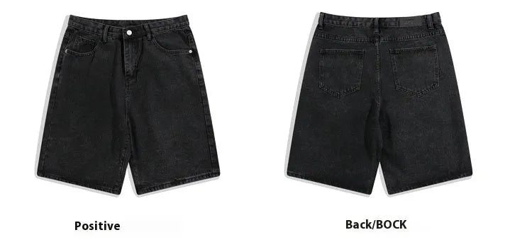 Men's solid colour denim shorts showing five-point straight-leg design with zipper fly closure