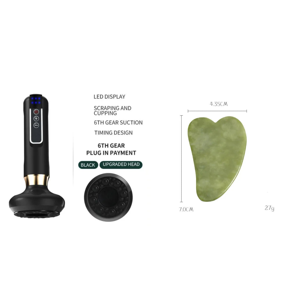 Green electric vacuum cupping massager with gua sha head on a white background.