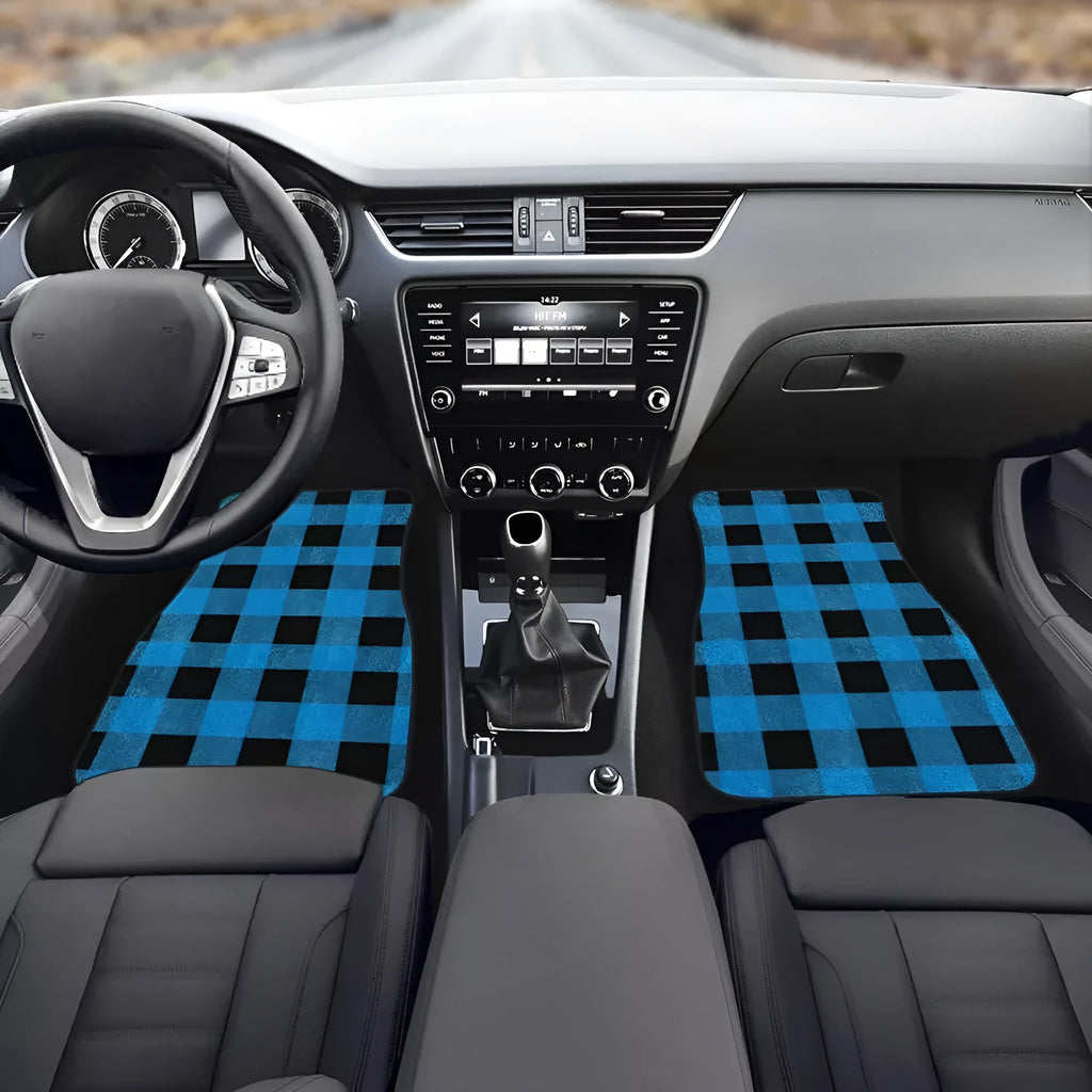 Black four-piece rubber car foot mat set showing textured surface and 20mm thick edge.