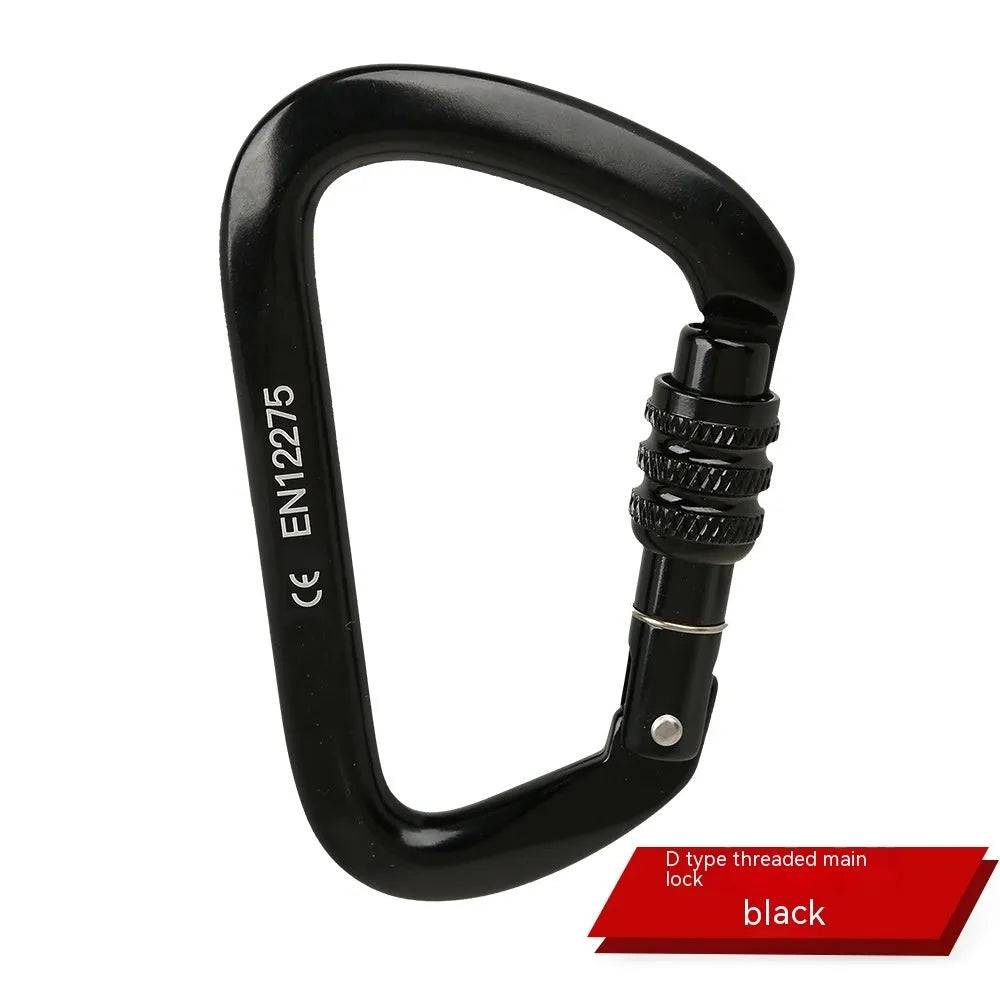 D-type metal climbing safety lock with a choice of automatic or threaded gate, shown in multiple colours.