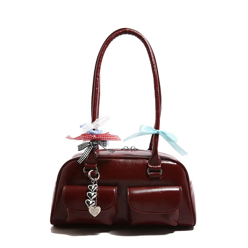 Retro PU leather women's pillow handbag with underarm design and double shoulder straps