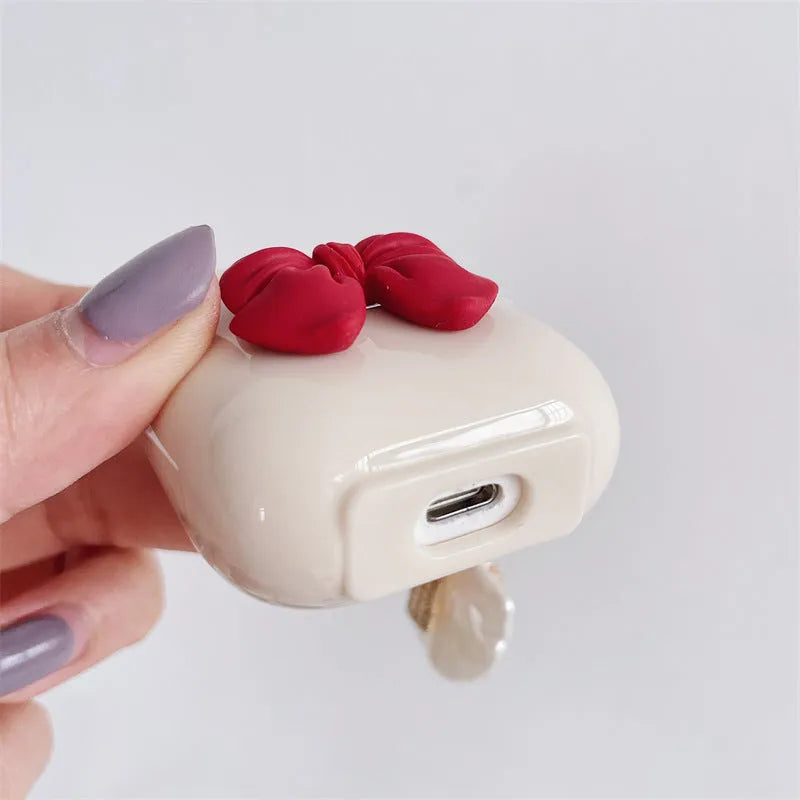 Beige red bow shell TPU clamshell case for AirPods Pro and other models