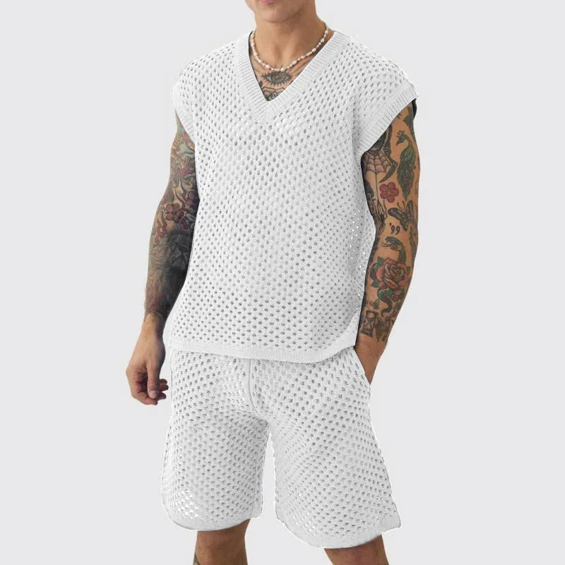 Men's blue cotton v-neck vest and matching shorts summer sports set