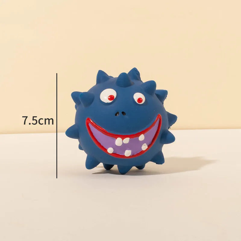 Four coloured natural latex squeaky dog balls with cute faces measuring 7.5cm